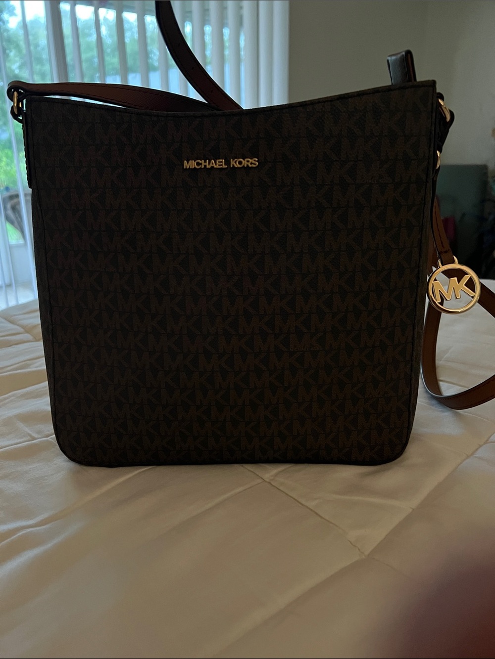 Michael Kors Dark Brown MK Signature Crossbody with Gold Logo Charm